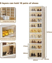 gaomon 9 Tier Foldable Shoe Rack Organizer with Clear Doors - Storage for 18 Pairs Collapsible Shoe Cabinet for Entryway Living Room Closet