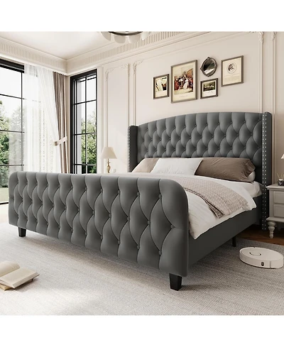 Gaomon King Bed Frame with 51'' Tall Wingback Headboard, Velvet Upholstered Platform Frames Strong Wood Slats Support, Noise Free
