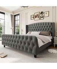 Gaomon King Bed Frame with 51'' Tall Wingback Headboard, Velvet Upholstered Platform Frames Strong Wood Slats Support, Noise Free