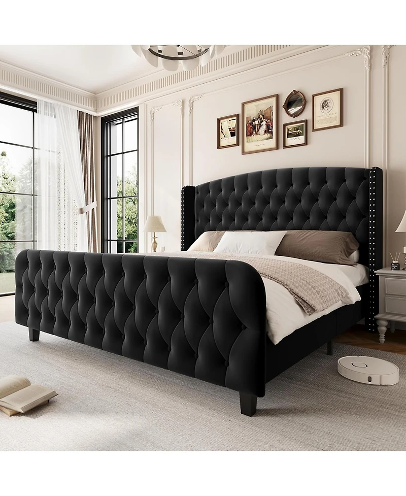 Gaomon King Bed Frame with 51'' Tall Wingback Headboard, Velvet Upholstered Platform Frames Strong Wood Slats Support, Noise Free