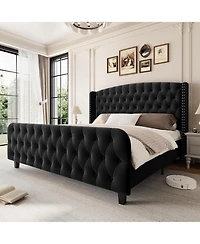 Gaomon King Bed Frame with 51'' Tall Wingback Headboard, Velvet Upholstered Platform Frames Strong Wood Slats Support, Noise Free