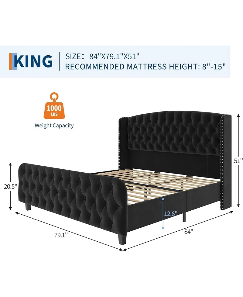 Gaomon King Bed Frame with 51'' Tall Wingback Headboard, Velvet Upholstered Platform Frames Strong Wood Slats Support, Noise Free
