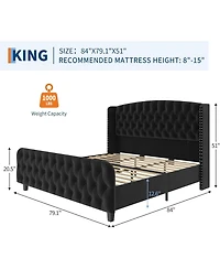 Gaomon King Bed Frame with 51'' Tall Wingback Headboard, Velvet Upholstered Platform Frames Strong Wood Slats Support, Noise Free