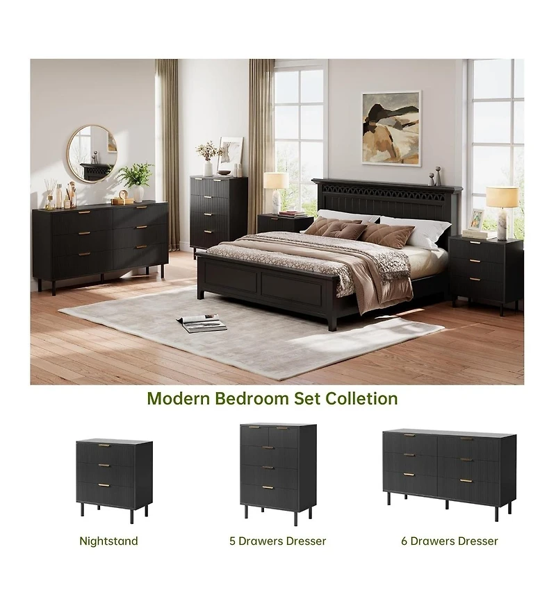 gaomon Black Wave Fluted 5 Drawer Dresser for Bedroom, Modern Wood Chest of Drawers with Wide Drawers, Closet Dresser Organizer, Entryway