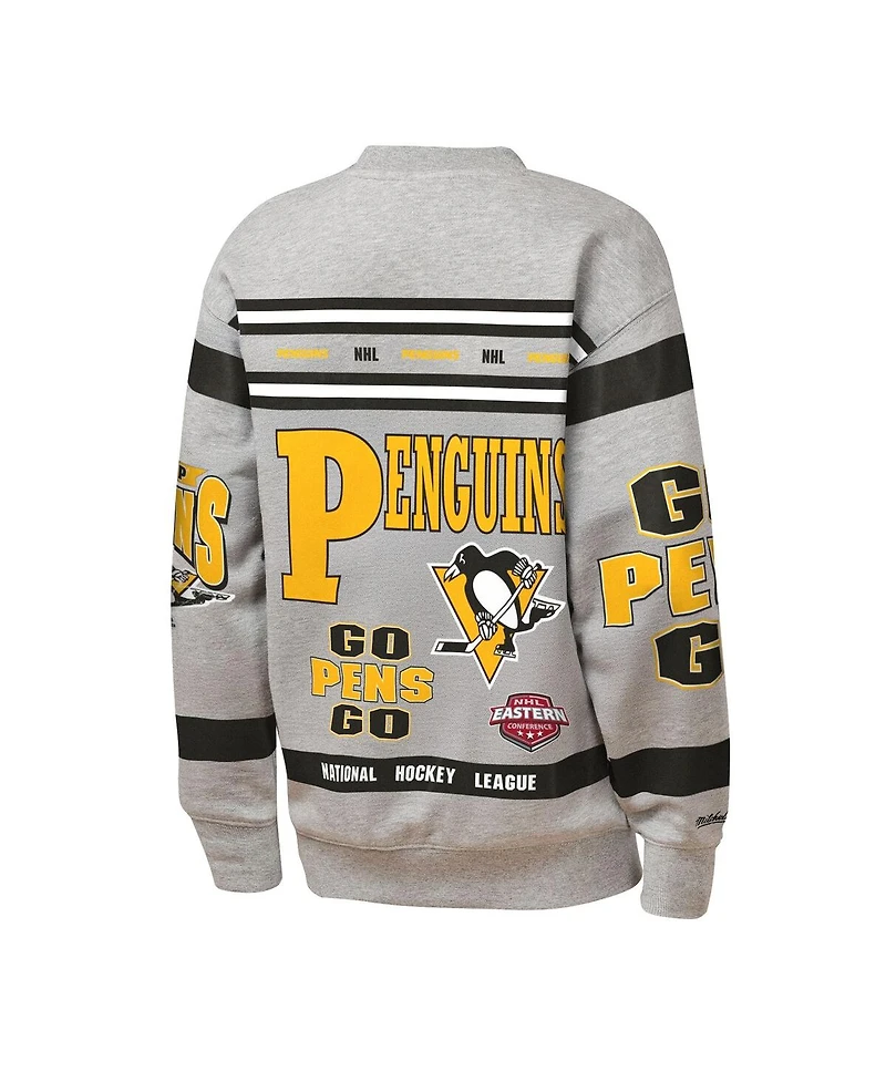 Mitchell & Ness Big Boys and Girls Heather Gray Pittsburgh Penguins Allover Print Fleece Crewneck Sweatshirt