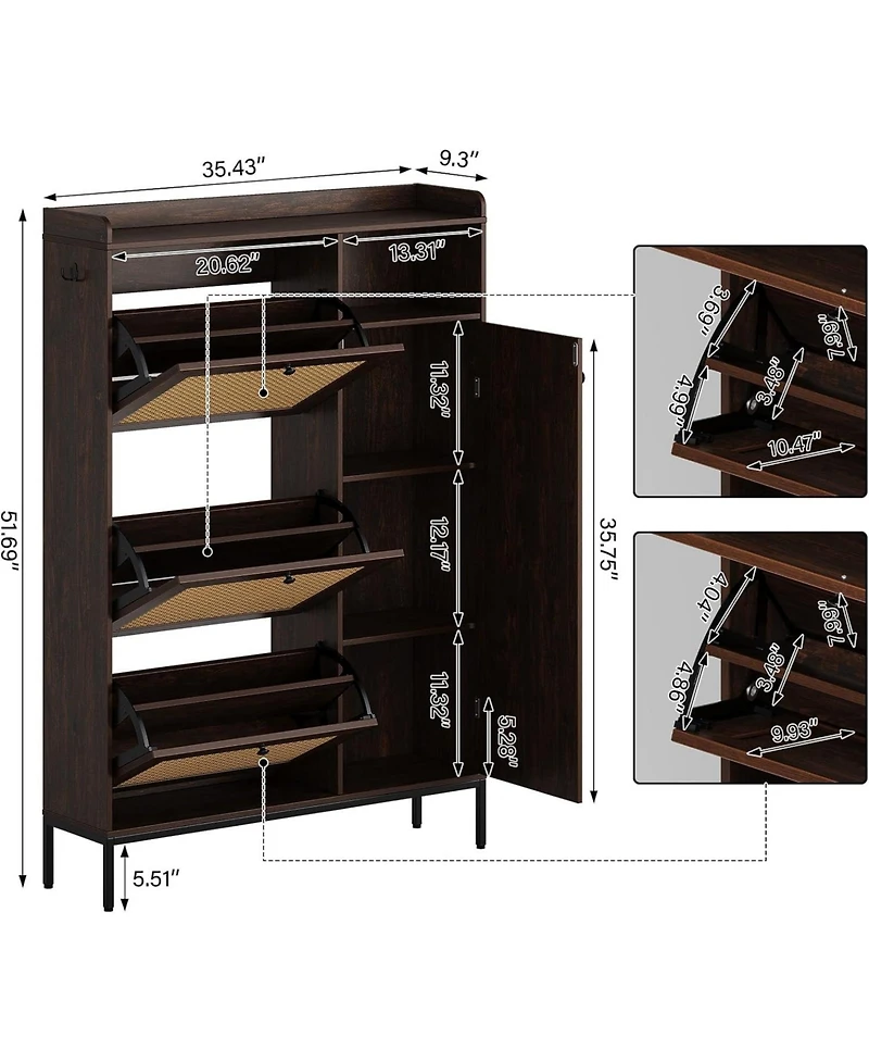 gaomon Shoe Cabinet with 3 Flip Drawers Rattan Freestanding Organizer with Adjustable Shelves Metal Knob Narrow Shoe Rack Cabinet Shoe Organizer