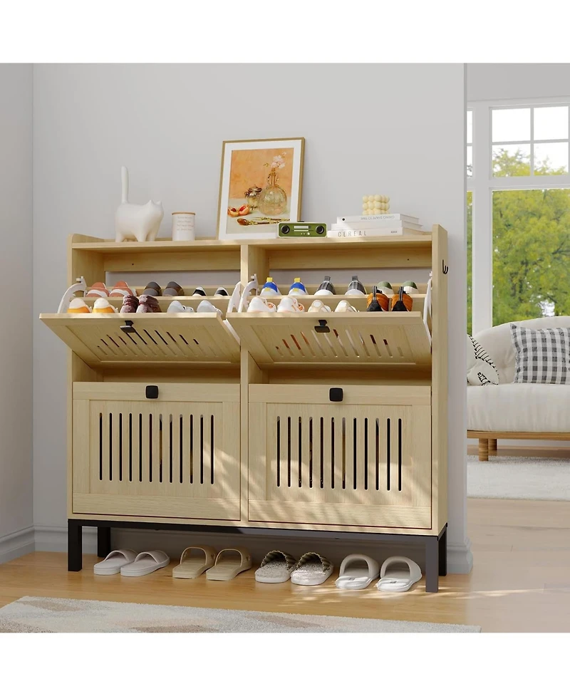 gaomon Modern 4 Turn Over Drawer Shoe Storage Cabinet - Adjustable Shelves Space-Saving Wooden Organizer Hollow-Out Panel