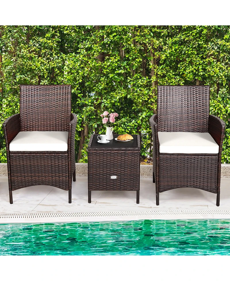 Gymax 3PCS Outdoor Rattan Conversation Set Patio Furniture Set w/ White Cushions