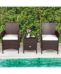 Gymax 3PCS Outdoor Rattan Conversation Set Patio Furniture Set w/ White Cushions