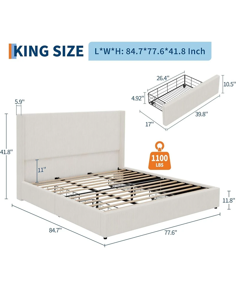 gaomon King Upholstered Platform Bed Storage Drawers Wingback Headboard Corduroy Fabric No Box Spring