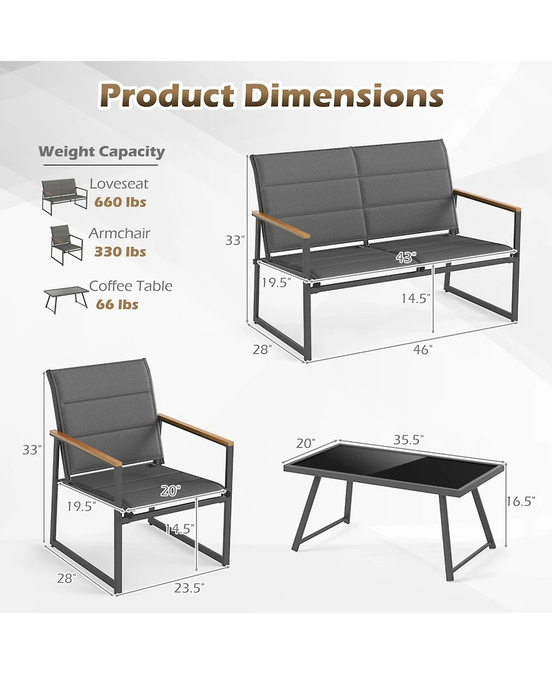 Gymax 4 Piece Patio Furniture Set Outdoor Metal Conversation Set w/ Padded Fabric Seat