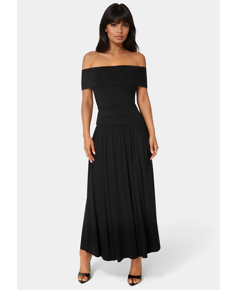 Bebe Women's Off the Shoulder Drop Waist Maxi Dress