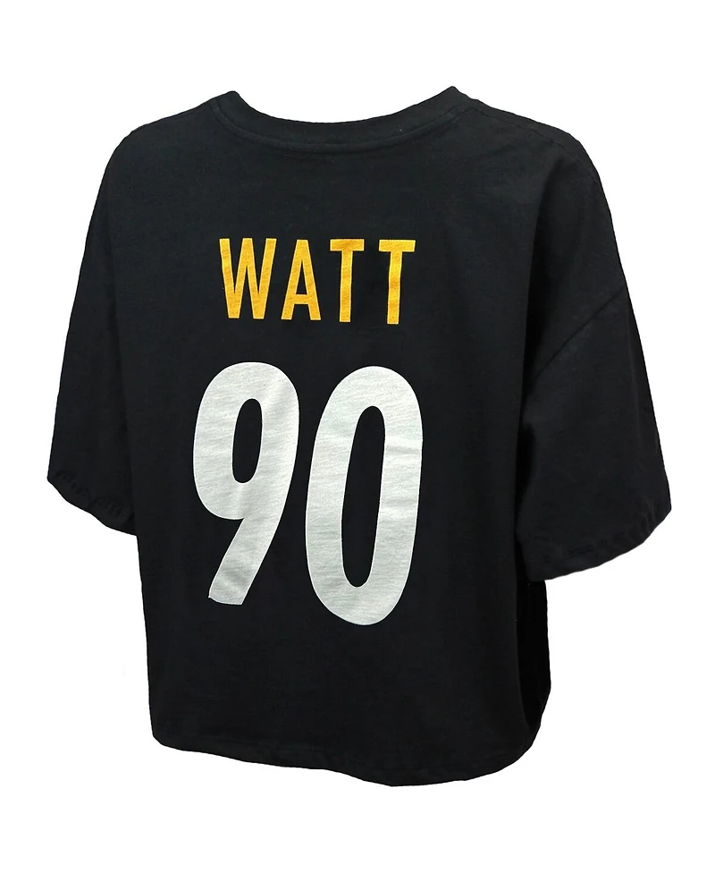 Majestic Threads Women's T.j. Watt Black Pittsburgh Steelers Swarovski Crystals Boxy Cropped Name Number T-Shirt