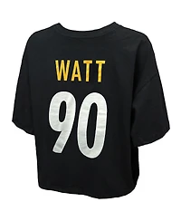 Majestic Threads Women's T.j. Watt Black Pittsburgh Steelers Swarovski Crystals Boxy Cropped Name Number T-Shirt