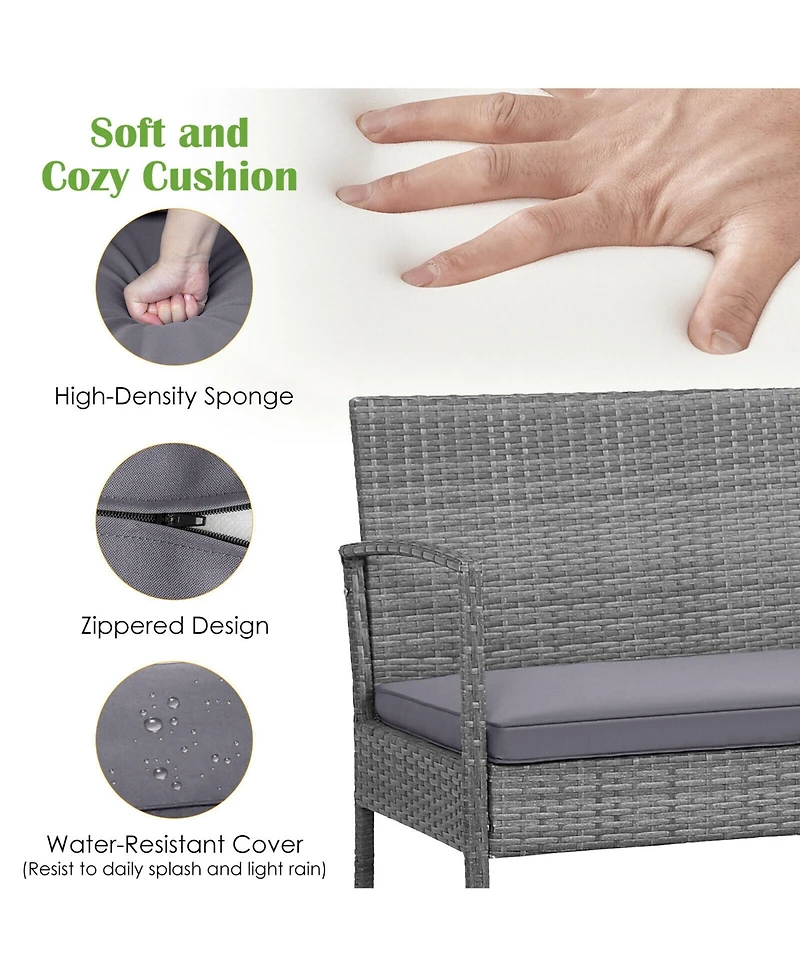 Gymax 8PCS Rattan Patio Conversation Furniture Set w/ Acacia Wood Tabletop and Cushions