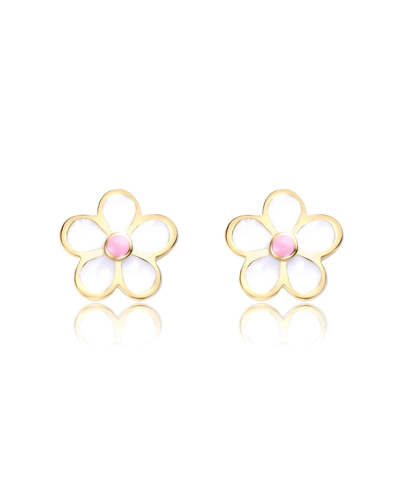 GiGiGirl Sterling Silver 14K Gold Plated with White and Pink Enamel Flower Screw Back Earrings