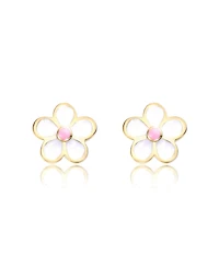 GiGiGirl Sterling Silver 14K Gold Plated with White and Pink Enamel Flower Screw Back Earrings