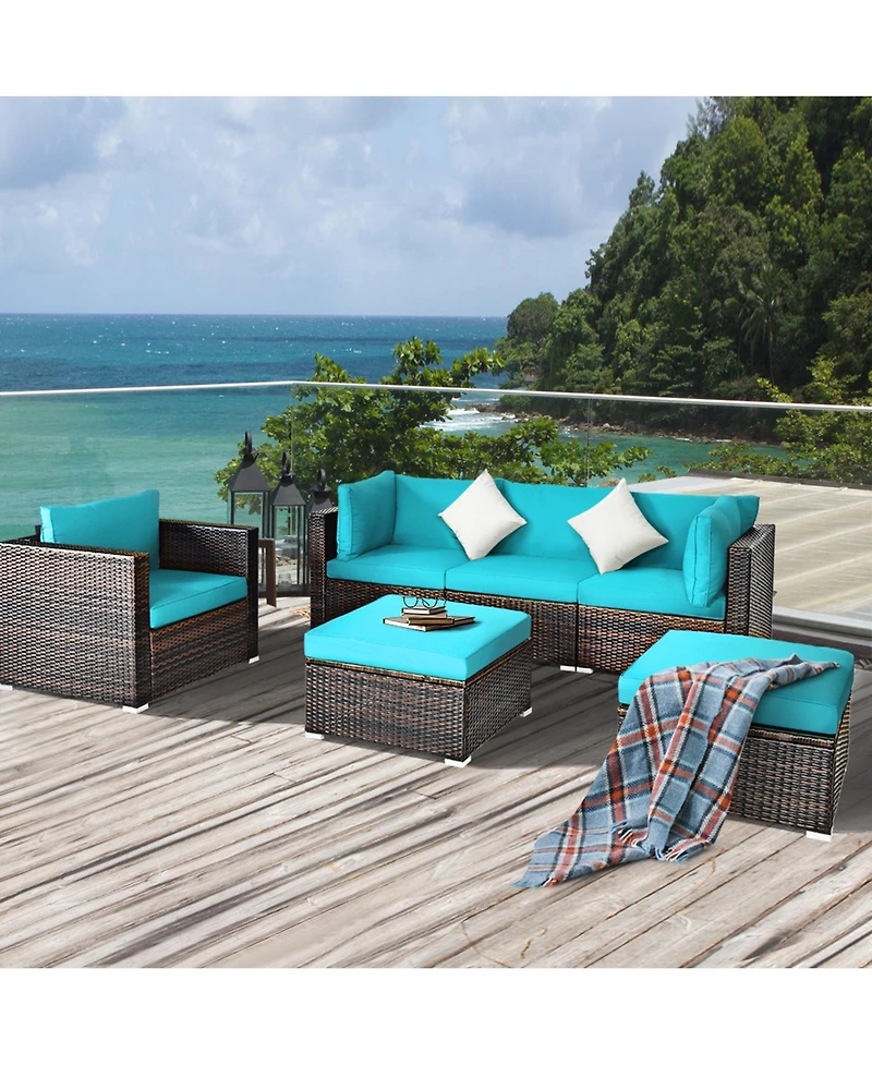 Gymax 6PCS Patio Conversation Set Rattan Sectional Furniture Set w/ Cushions