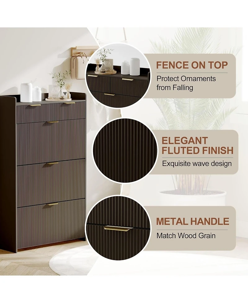 Gaomon Modern Natural 3 Flip Drawer Shoe Cabinet with 2 Small Drawers & Hook – Slim Entryway Organizer