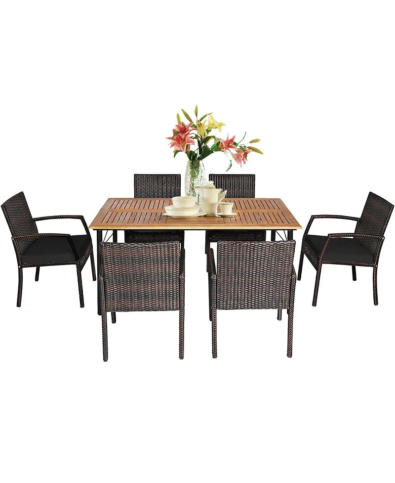 Gymax 7PCS Patio Dining Furniture Set Yard w/ Wooden Tabletop Cushions