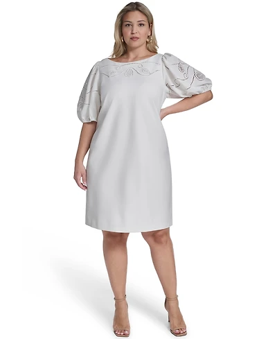 Vince Camuto Plus Puff-Sleeve Boatneck Laser-Cut Dress