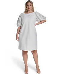 Vince Camuto Plus Puff-Sleeve Boatneck Laser-Cut Dress
