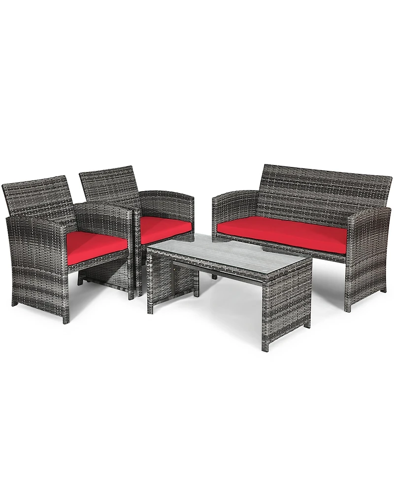 Gymax 8PCS Patio Outdoor Rattan Conversation Furniture Set w/ Cushion