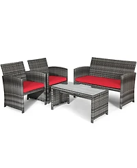 Gymax 8PCS Patio Outdoor Rattan Conversation Furniture Set w/ Cushion