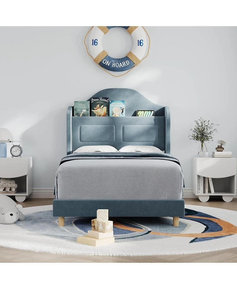 gaomon Twin Bed Frames for Kids, Wingback Velvet Platform with Led Lights, Upholstered Storage Headboard, Wooden Slats Support