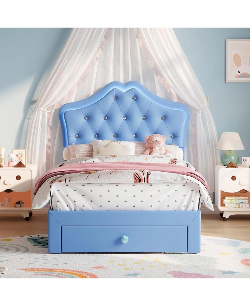 gaomon Led Twin Bed Frame for Kids with Beauty Crystal Button Headboard, Upholstered Pu Leather Platform Princess Bed with Storage Drawer