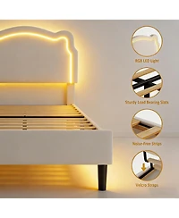 gaomon Twin Upholstered Bed Frame with Smart Led and Adjustable Bear Headboard, Velvet Princess Platform Bed, Wooden Slats Support Kids