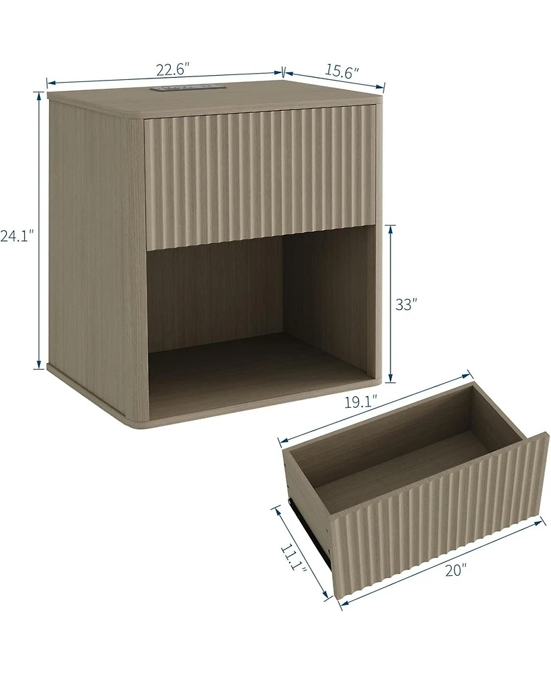gaomon Night Stand Set 2, Fluted Nightstands with Charging Station & Led Light, Large Modern Wide Bedside Stand, Mid Century Night Stands