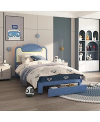 gaomon Size Upholstered Bed Frame with Led Lights & Storage Drawers, Fabric Headboard & Wood Slats, No Box Spring Needed, Princess Bed for Girls