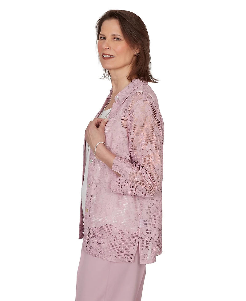 Alfred Dunner Petite Charm Floral Lace Two-In-One Collared Top with Necklace