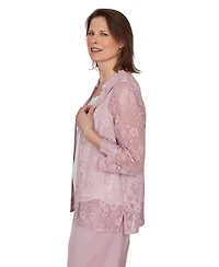 Alfred Dunner Petite Charm Floral Lace Two-In-One Collared Top with Necklace