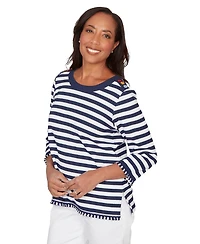Alfred Dunner Petite Port Side Pique Stripe Button Detail Crew Neck Top