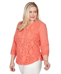 Alfred Dunner Petite Resort Living Textured Lace Scroll Split Neck Henley Top