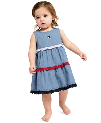 Tommy Hilfiger Baby Girls' Pom-pom Trim Denim A-line Dress and Diaper Cover, 2-Piece Set