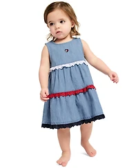 Tommy Hilfiger Baby Girls' Pom-pom Trim Denim A-line Dress and Diaper Cover, 2-Piece Set
