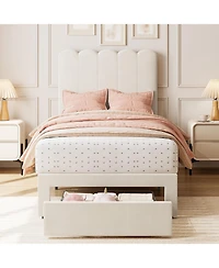 gaomon Bed Frame with Under-Bed Drawer, Upholstered Platform Bed with Wave Headboard for Kids/Girls, Wooden Slats Support, No Box Spring Needed