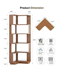 Rainsken 5 Tier L-Shaped Corner Bookshelf, Wooden Open Display Shelves and Storage Rack with Anti-Drop Panels for Living Room, Home Office