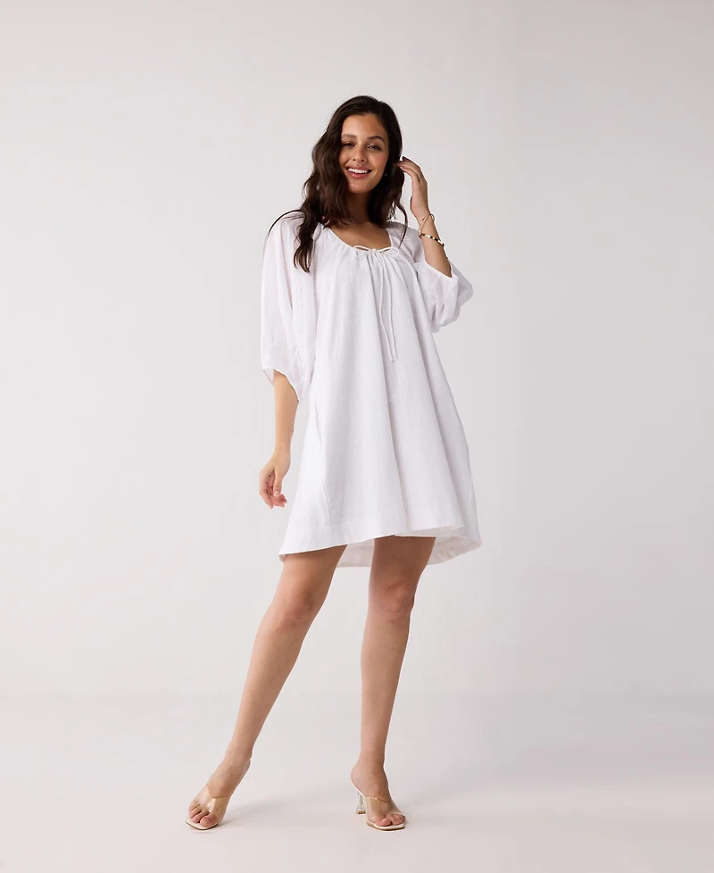 Reistor Women's Puff Sleeved Dress with Drawstring Neckline