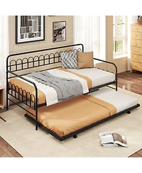 Costway Daybed with Trundle Curved Backrest & Armrests Heavy-duty Metal Slats