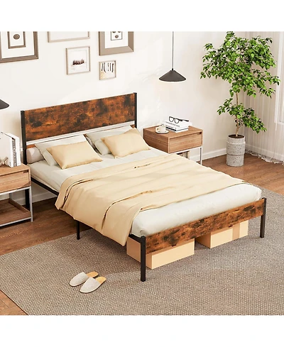 Full Size Bed Frame with Wooden Headboard Under-Bed Storage No Box Spring Needed