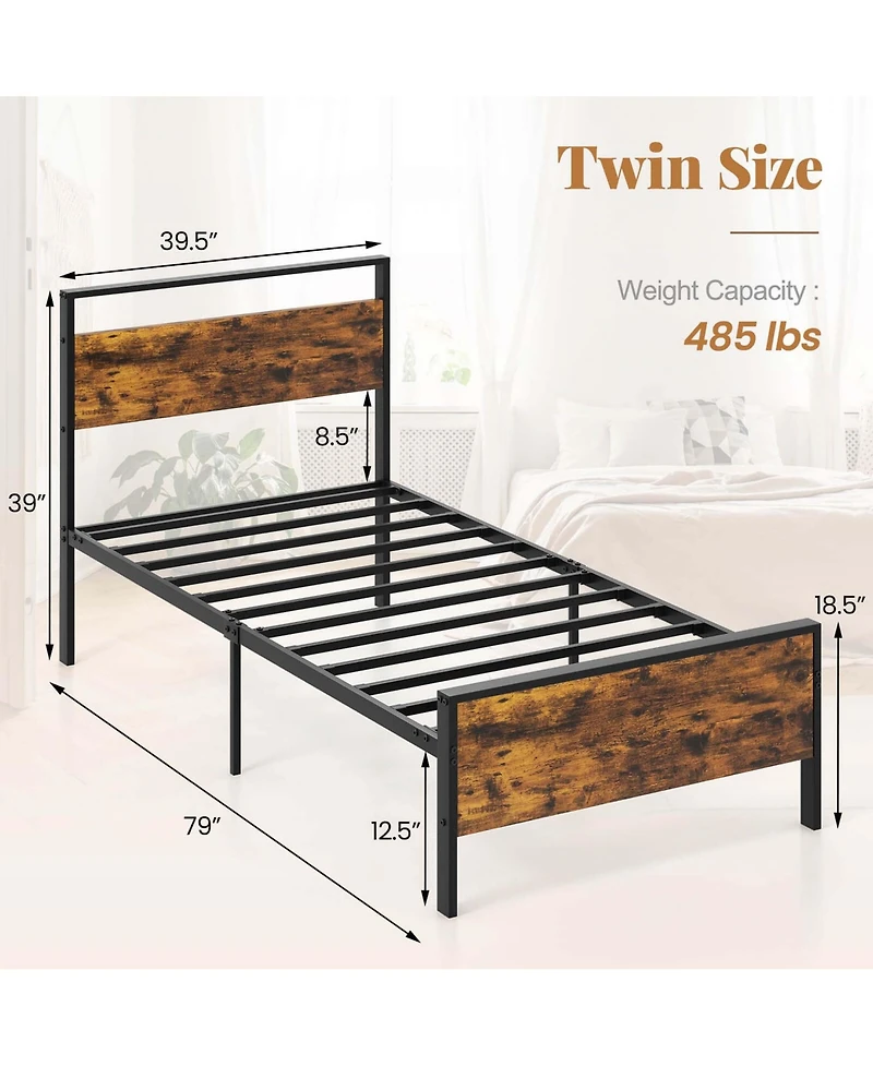 Costway Twin Size Bed Frame with Wooden Headboard and Footboard Under-Bed Storage