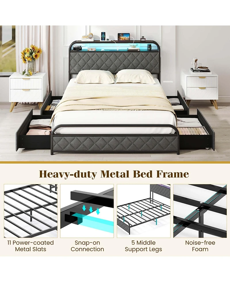 Full Size Bed Frame with Led Lights & Charging Station Storage Headboard & Drawers