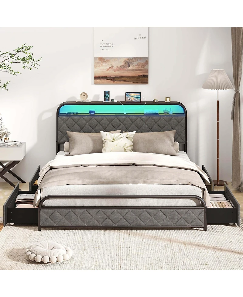 Queen Size Bed Frame with Led Lights & Charging Station Storage Headboard & Drawers