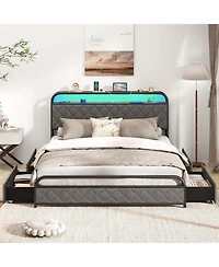 Queen Size Bed Frame with Led Lights & Charging Station Storage Headboard & Drawers