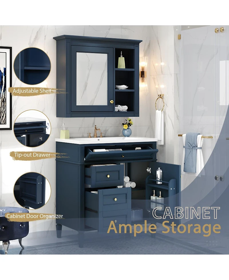 Sillysis 30'' Bathroom Vanity Set with Mirror Cabinet, Solid Wood & Mdf, Soft Close Drawers, Ample Storage for Modern Bathrooms