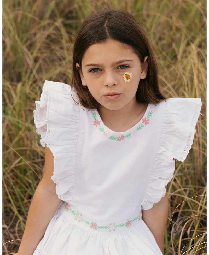 Hope & Henry Little Girls Linen Ruffle Jumper with Embroidery